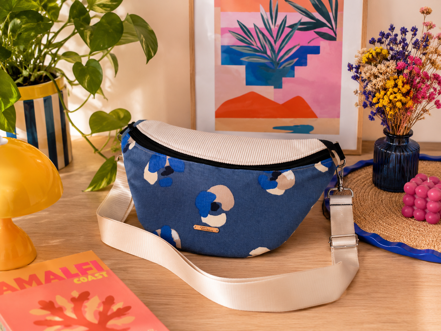 Sac banane léopard bleu capot velour côtelé écru