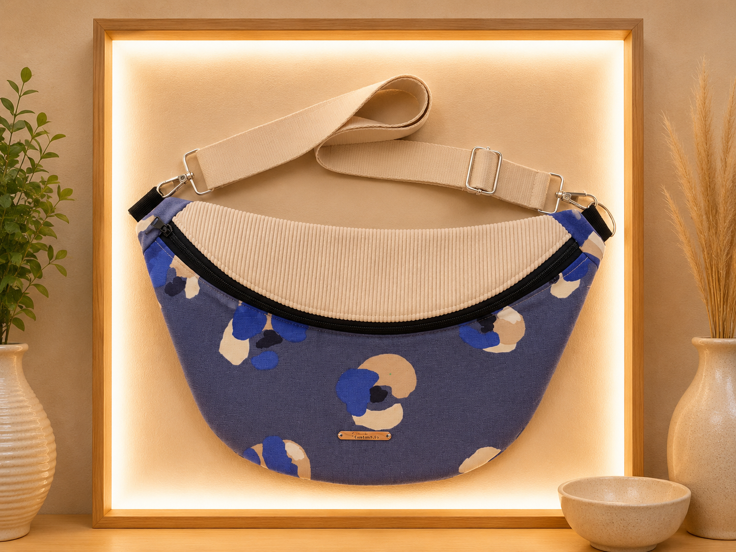 Sac banane léopard bleu capot velour côtelé écru