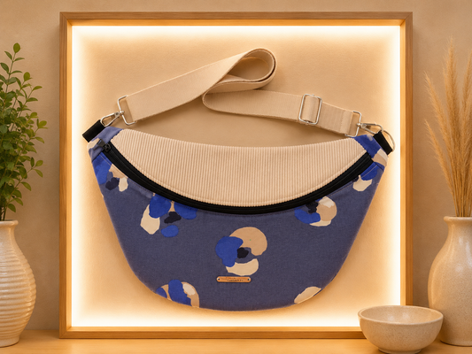 Sac banane léopard bleu capot velour côtelé écru