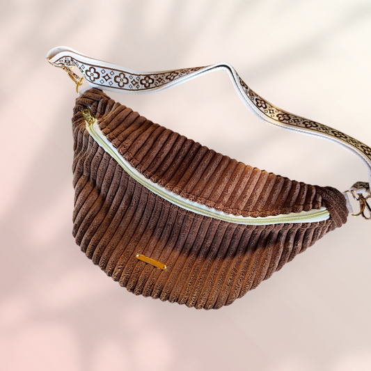 Sac banane velour grosse côte marron sangle beige