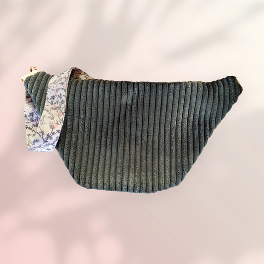 Sac banane velour grosse côte vert grisé