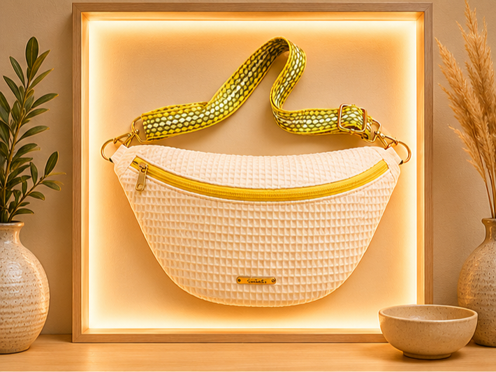 Sac banane nid d'abeilles blanc écru détail jaune vert