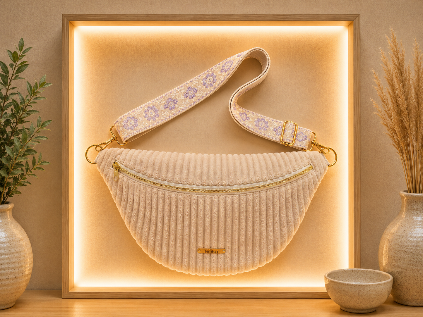 Sac banane velour grosse côte beige sangle parme