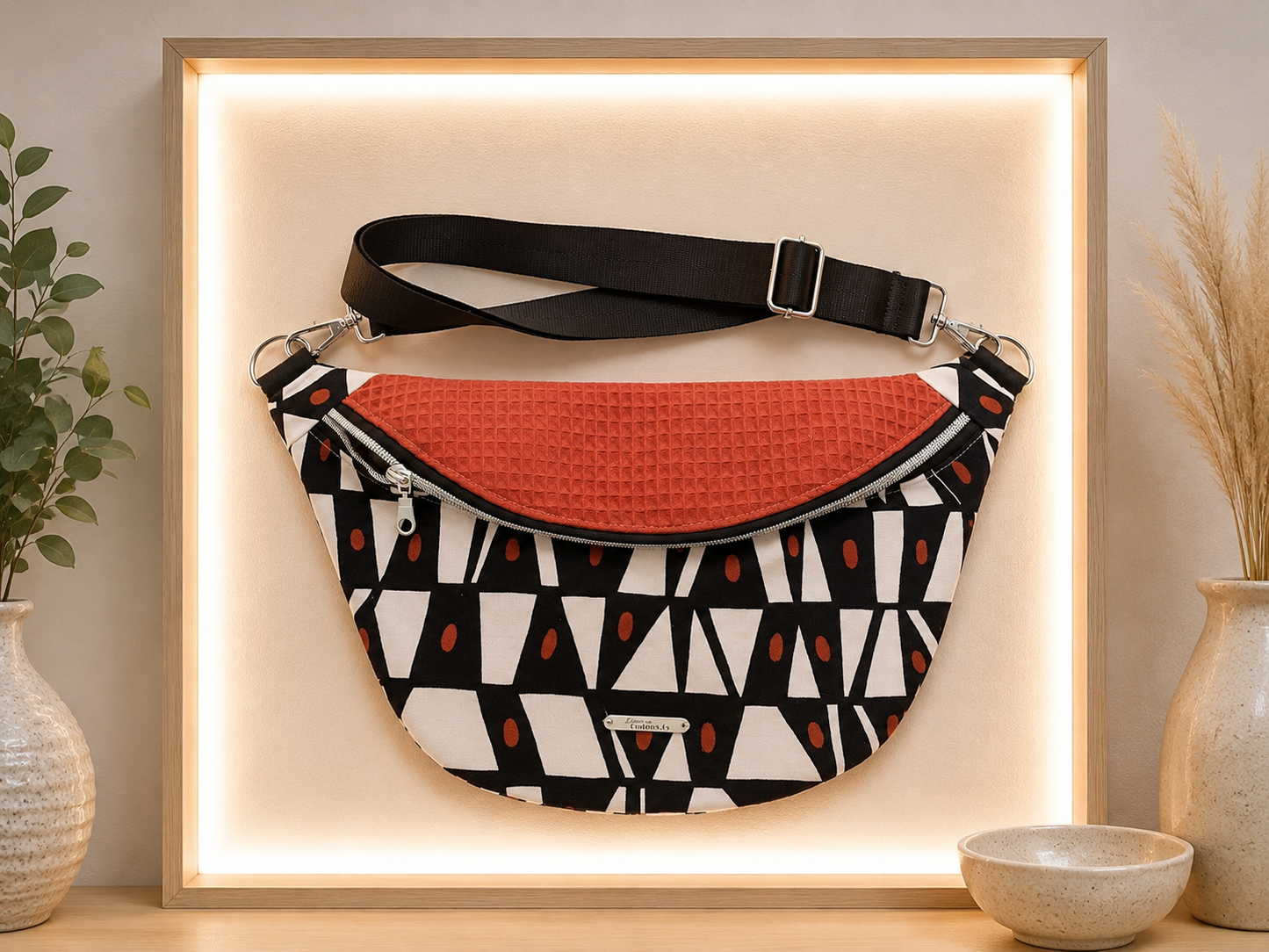 Sac banane motifs forme rétro capot nid d'abeilles brique