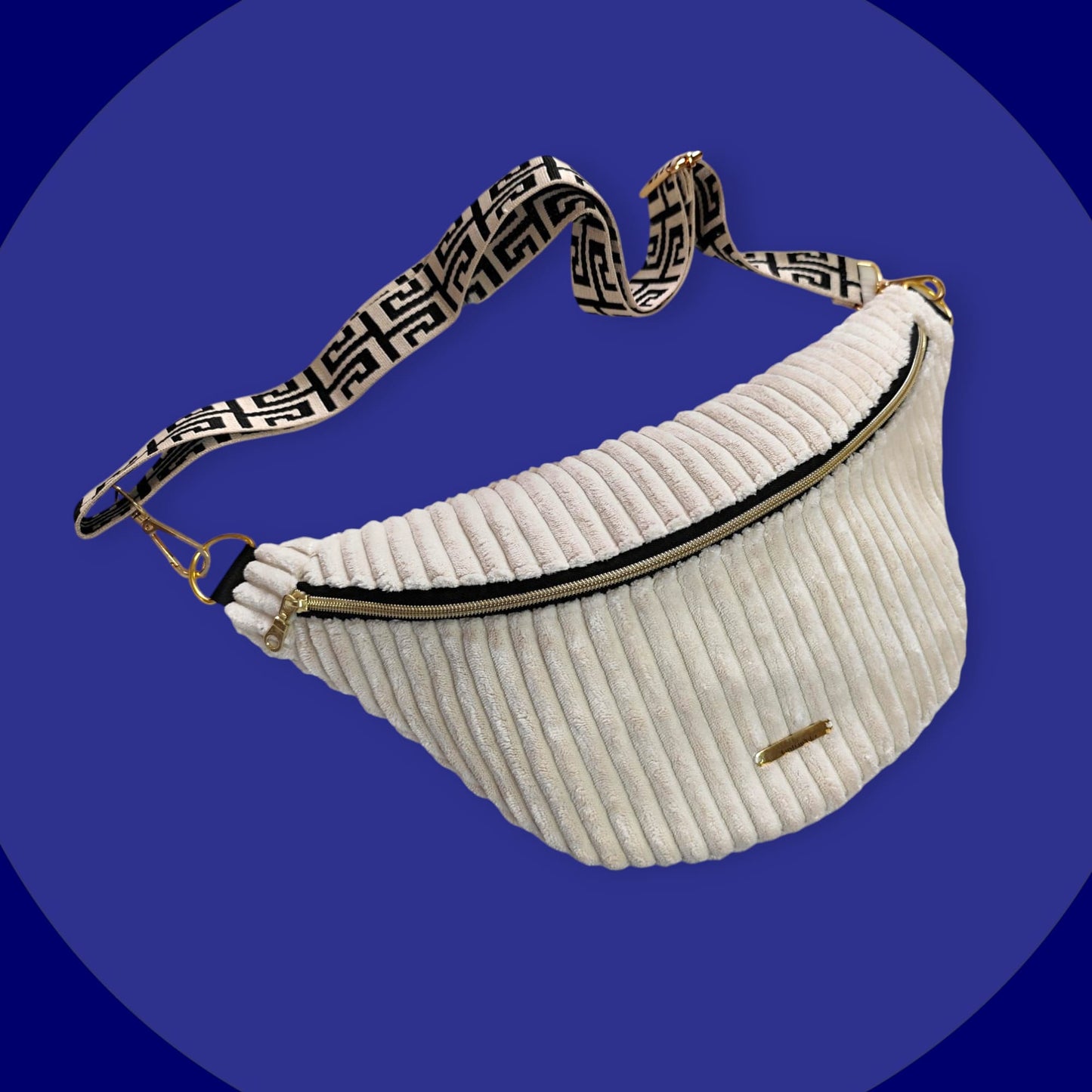 Sac banane velour grosse côte crème détail noir