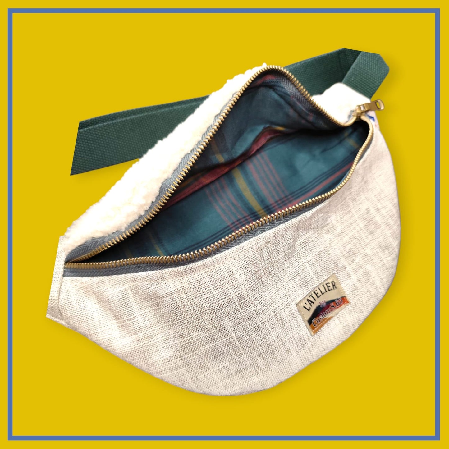 Sac banane gris clair chiné sangle vert sapin