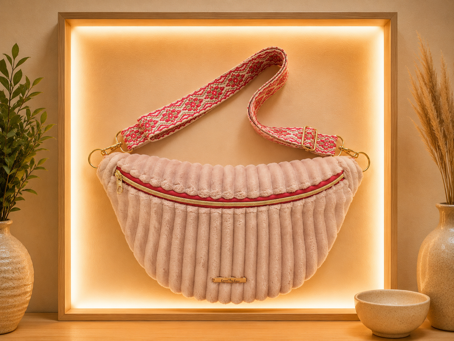 Sac banane très grosse côte beige detail rouge