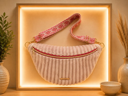 Sac banane très grosse côte beige detail rouge