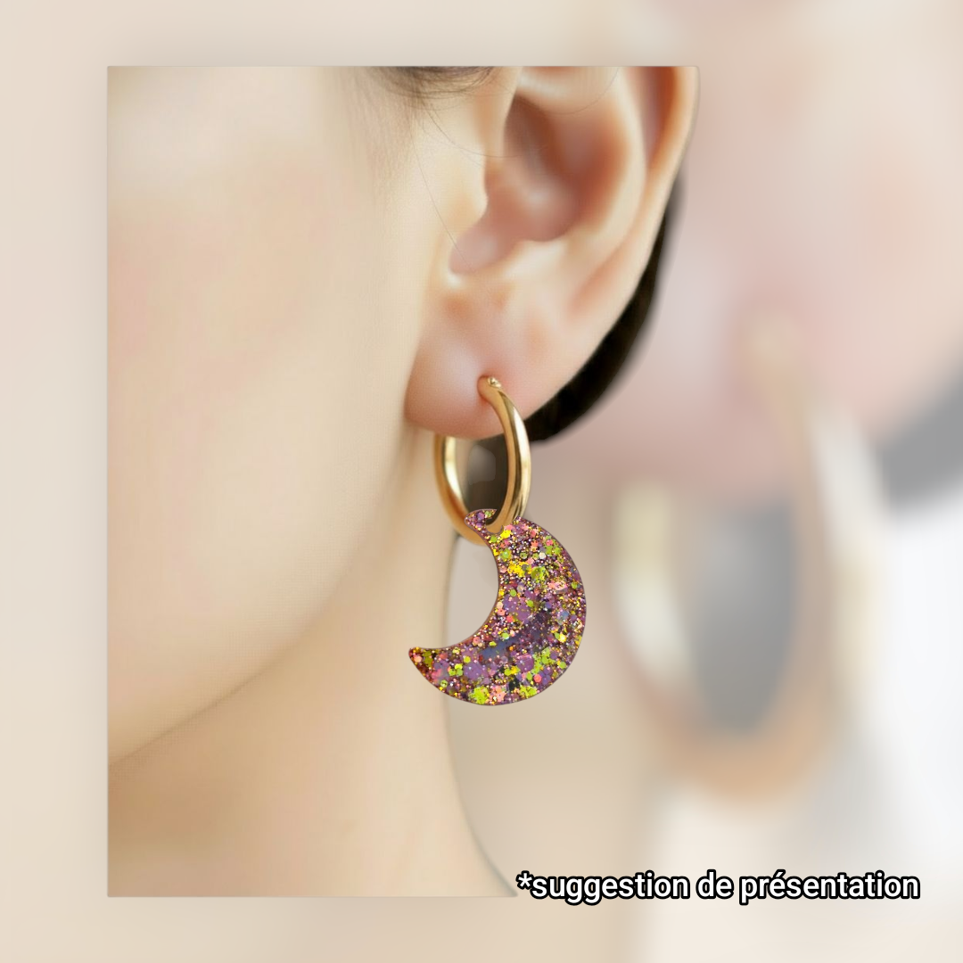 Charms lune paillettes rouge argent éclat coeur