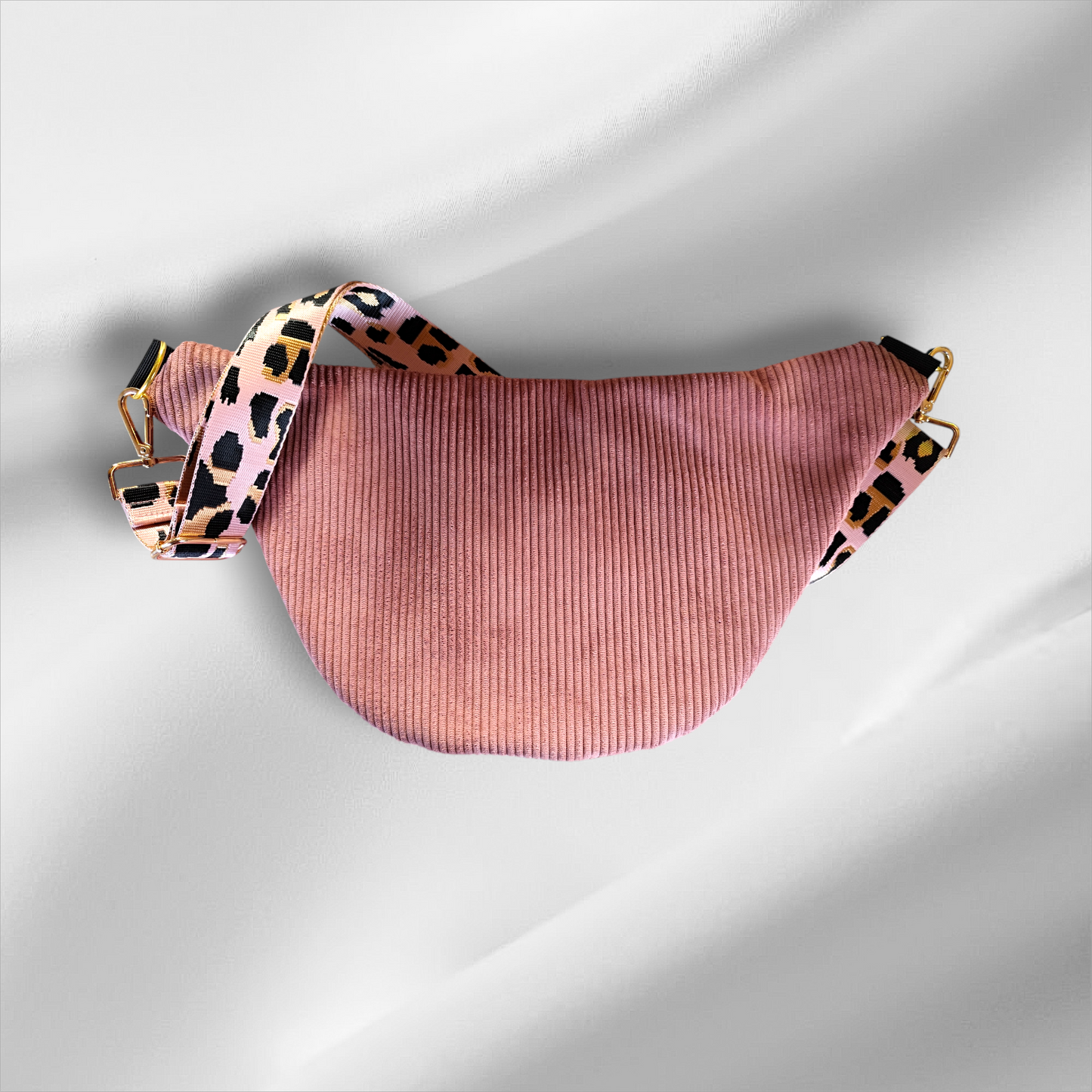 Sac banane velour côtelé vieux rose sangle léopard