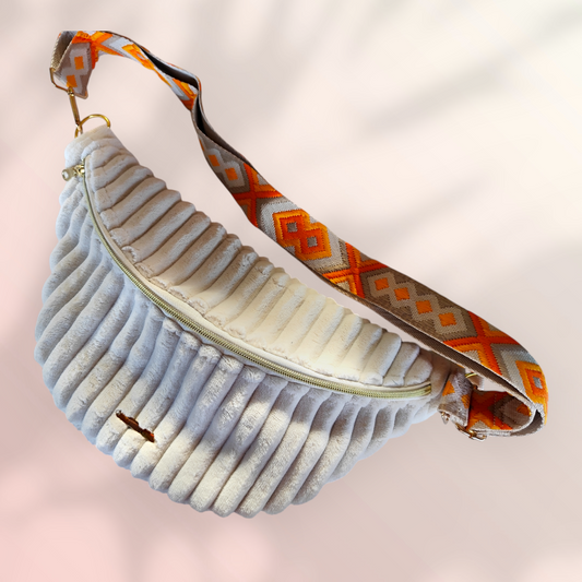 Sac banane velour très grosse côte beige sangle orange