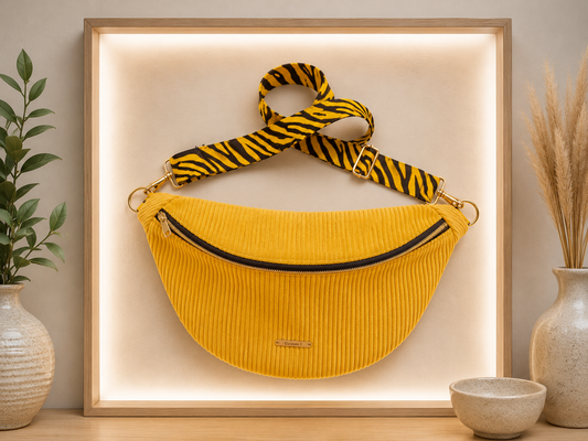 Sac banane velour côtelé jaune sangle zèbre