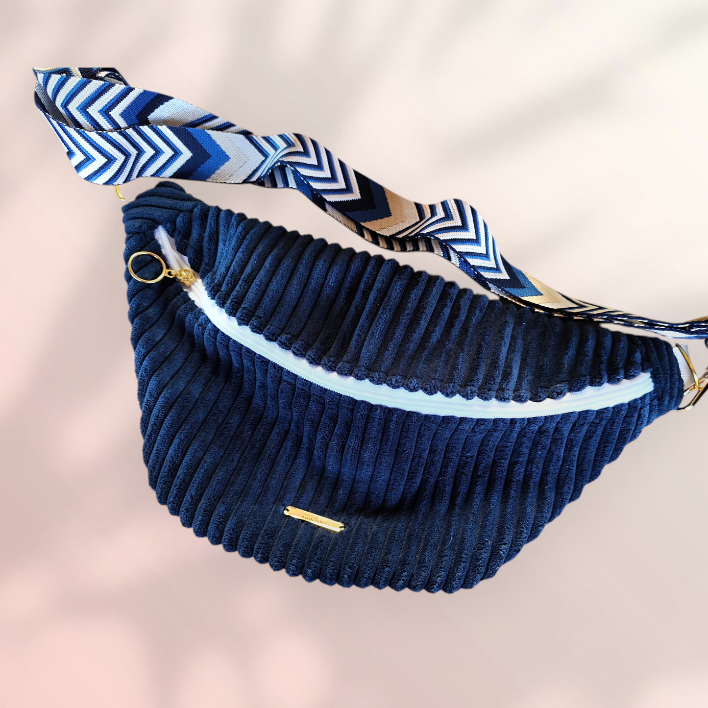 Sac banane velour grosse côte bleu marine