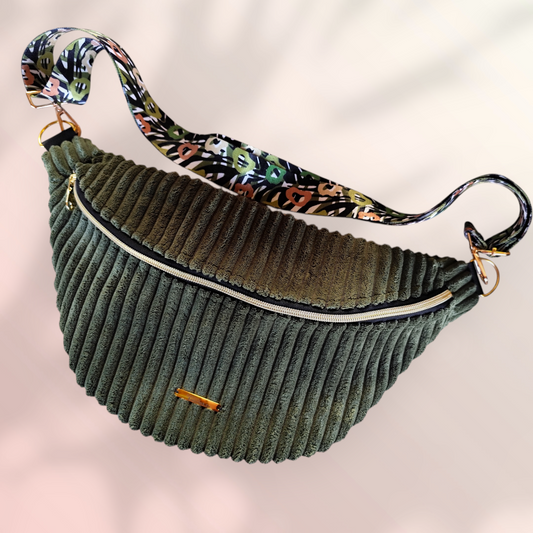 Sac banane velour grosse côte vert kaki