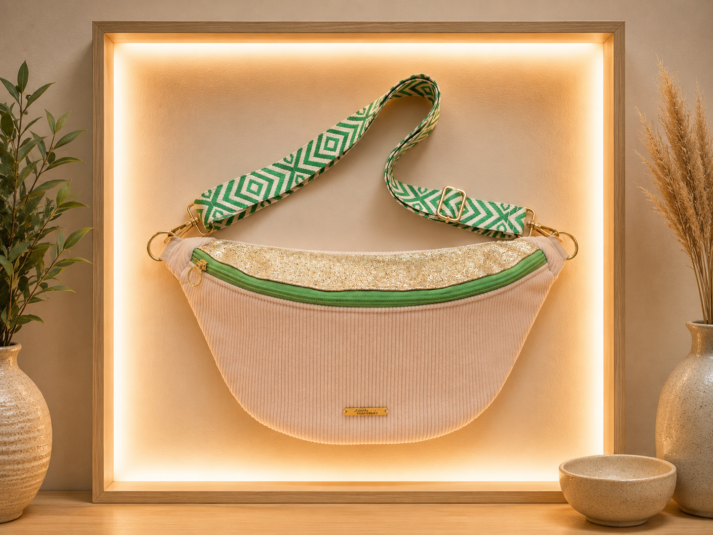 Sac banane velour côtelé crème capot cuir vegan doré détail vert