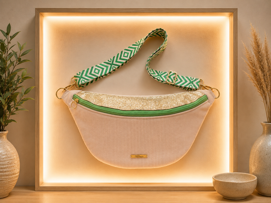 Sac banane velour côtelé crème capot cuir vegan doré détail vert