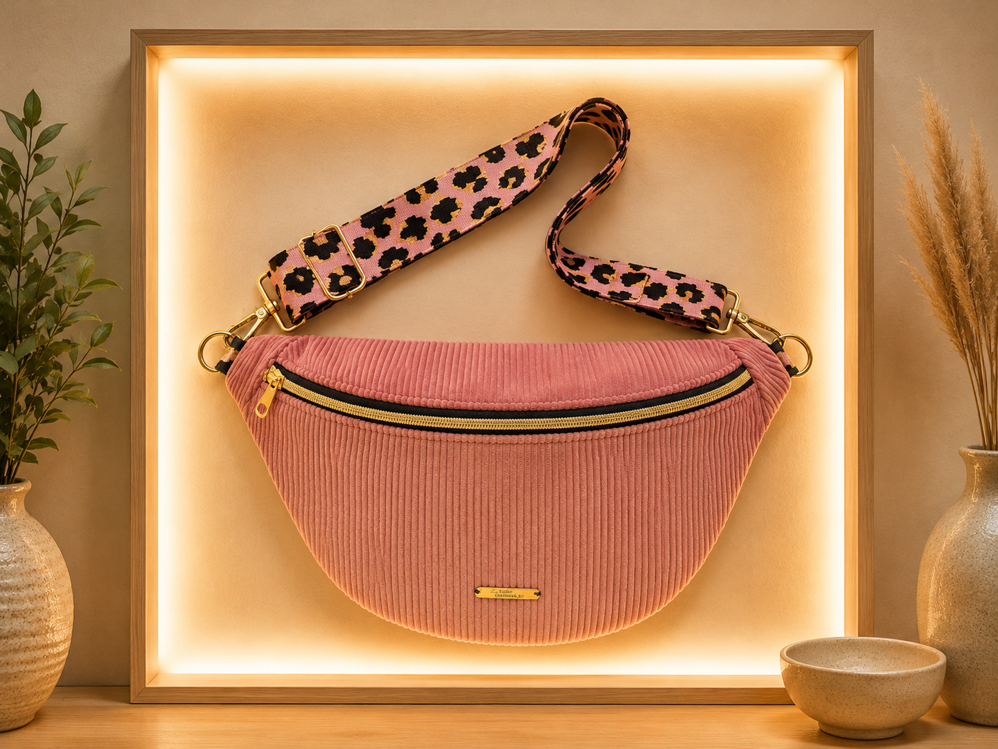 Sac banane velour côtelé vieux rose sangle léopard