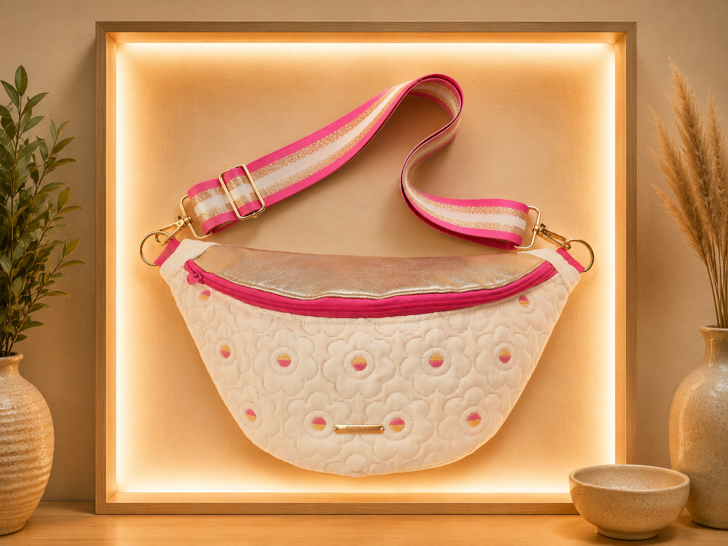 Sac banane matelassé fleur écru capot cuir vegan doré sangle fushia