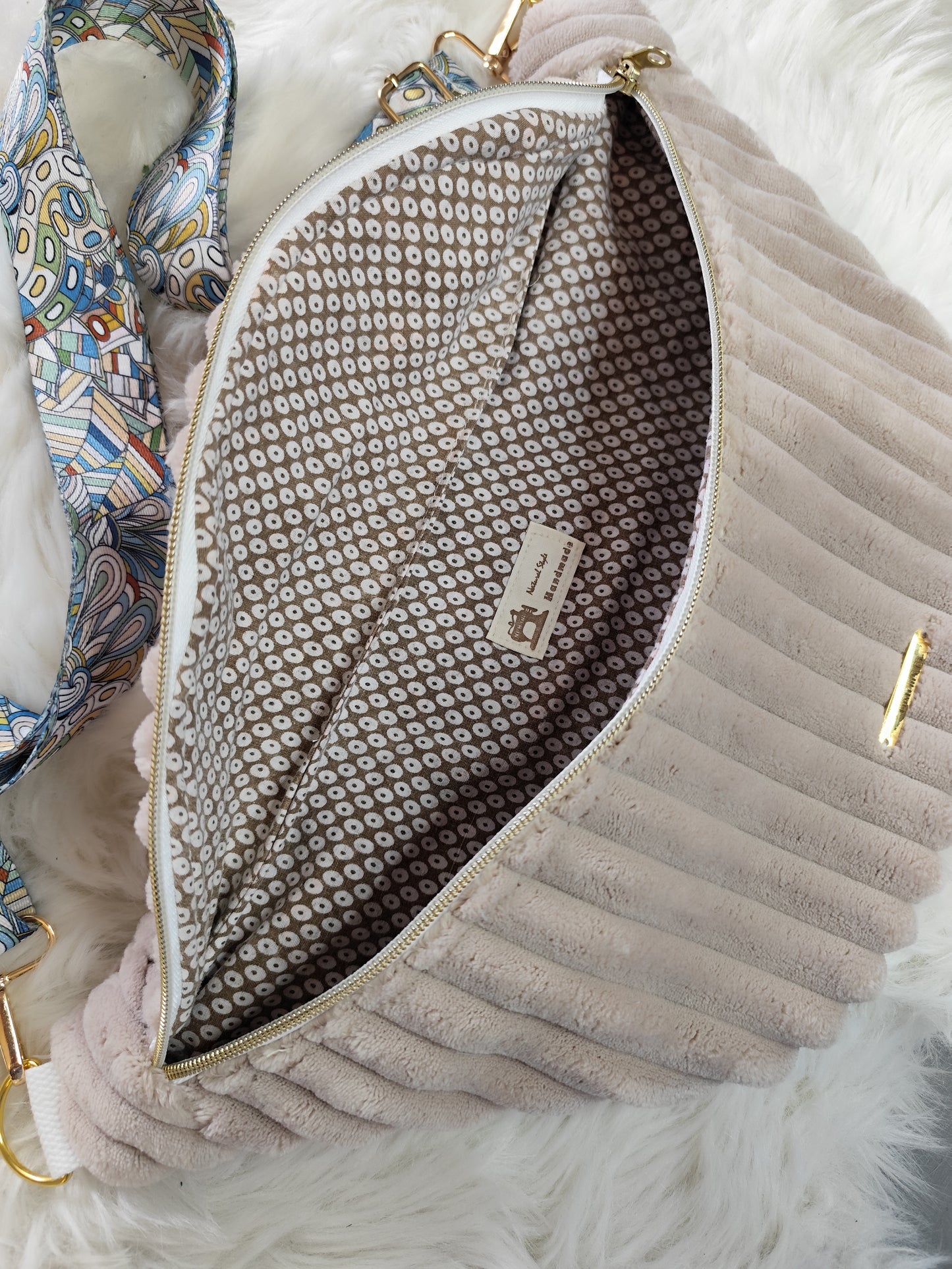 Sac banane velour très grosse côte beige