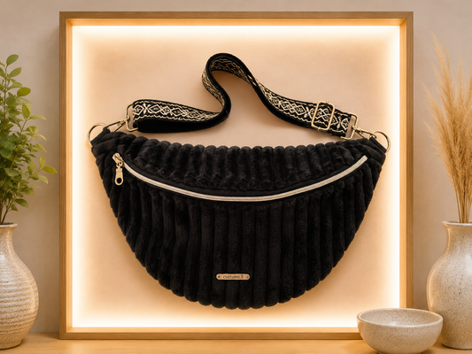 Sac banane velour très grosse côte noire