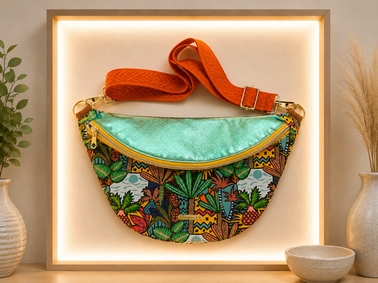 Sac banane tissu tropical capot cuir vegan turquoise