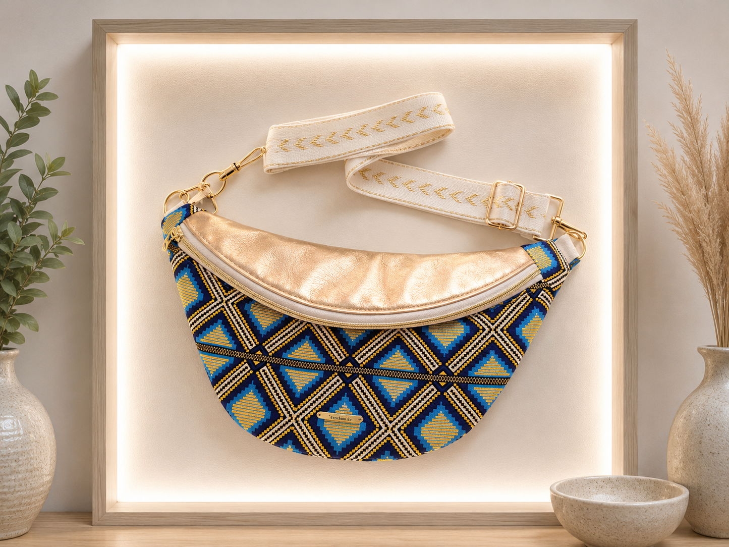 Sac banane waxx losange pailleté bleu capot cuir vegan or