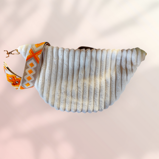 Sac banane velour très grosse côte beige sangle orange