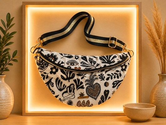 Sac banane motif mystique noir or fond clair
