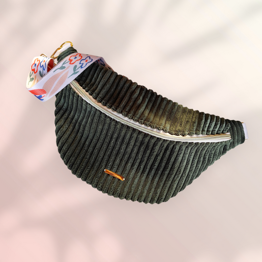 Sac banane velour grosse côte vert kaki