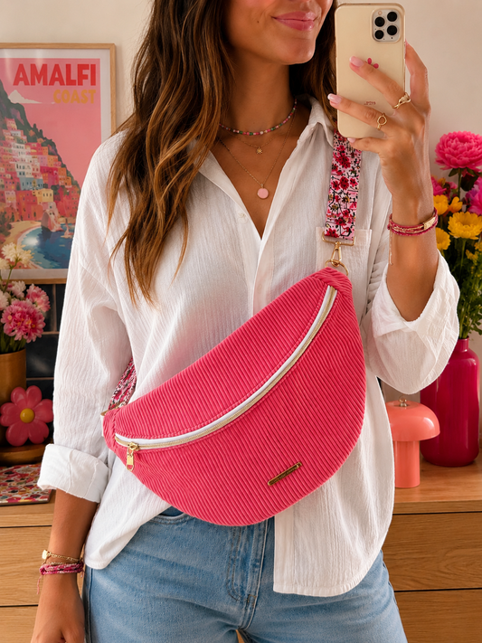 Sac banane velour côtelé rose sangle fleuri