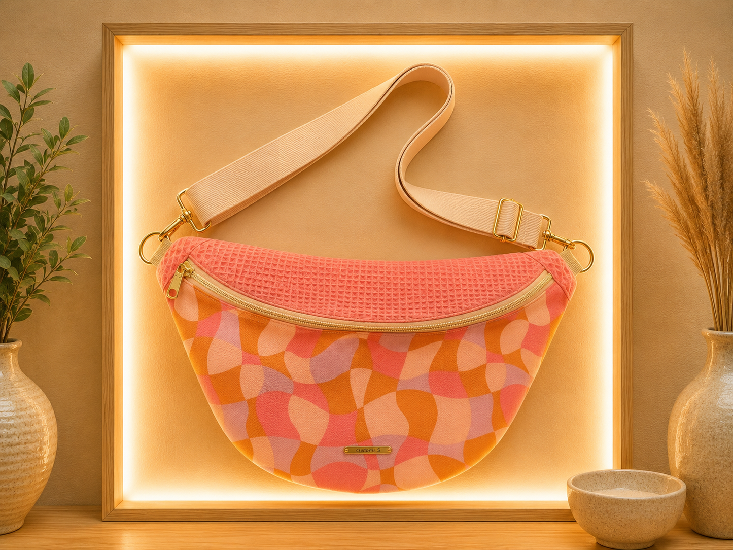 Sac banane motif géométrique capot nid d'abeilles rose corail