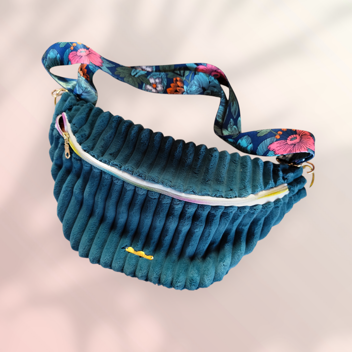 Sac banane velour très grosse côte bleu canard