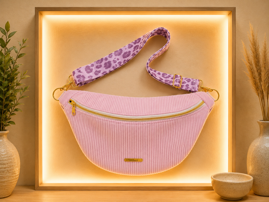 Sac banane velour côtelé lila parme sangle léopard