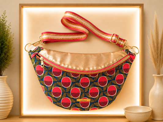 Sac banane wax rouge pailleté, capot cuir vegan or