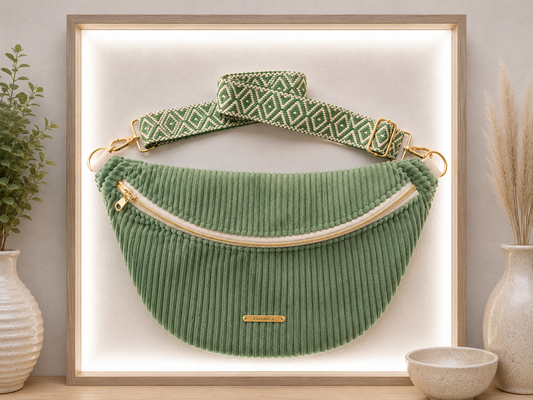 Sac banane velour fine côte vert eucalyptus