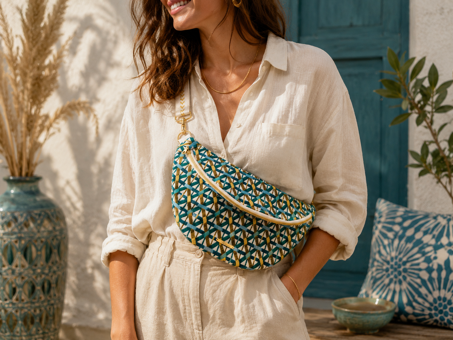 Sac banane jacquard blanc émeraude turquoise doré