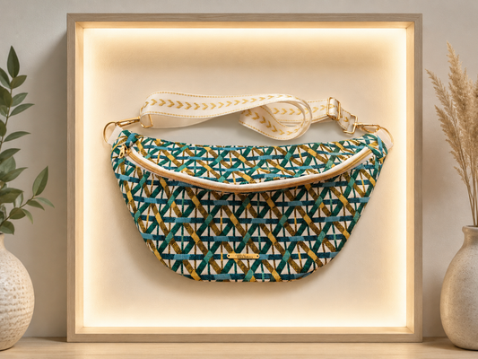 Sac banane jacquard blanc émeraude turquoise doré