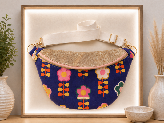 Sac banane bleue motif fleur vintage capot cuir vegan doré