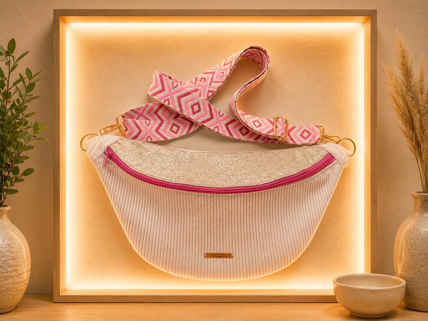 Sac banane velour côtelé crème capot cuir vegan doré détail rose fushia