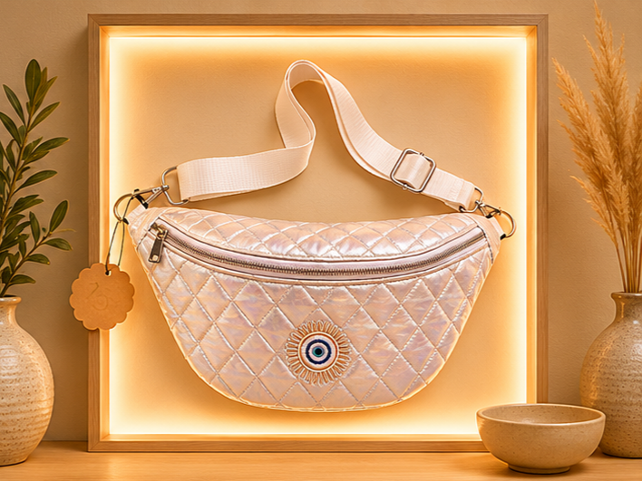 Sac banane tissu matelassé argent oeil de la chance