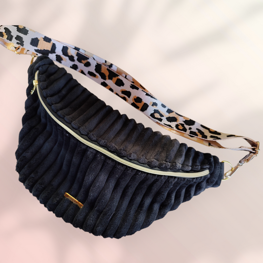 Sac banane velour très grosse côte noire sangle léopard