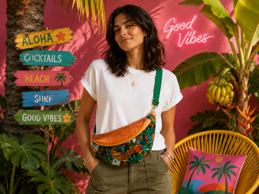 Sac banane tissu tropical capot cuir vegan cuivre