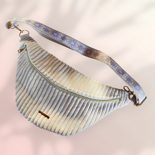 Sac banane velour grosse côte beige sangle parme