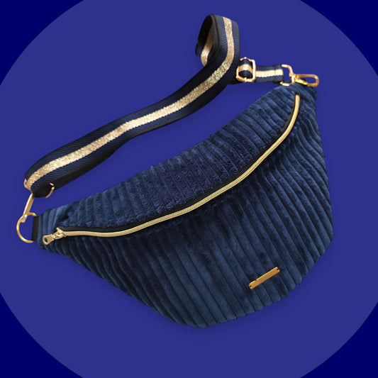 Sac banane velour grosse côte bleu marine
