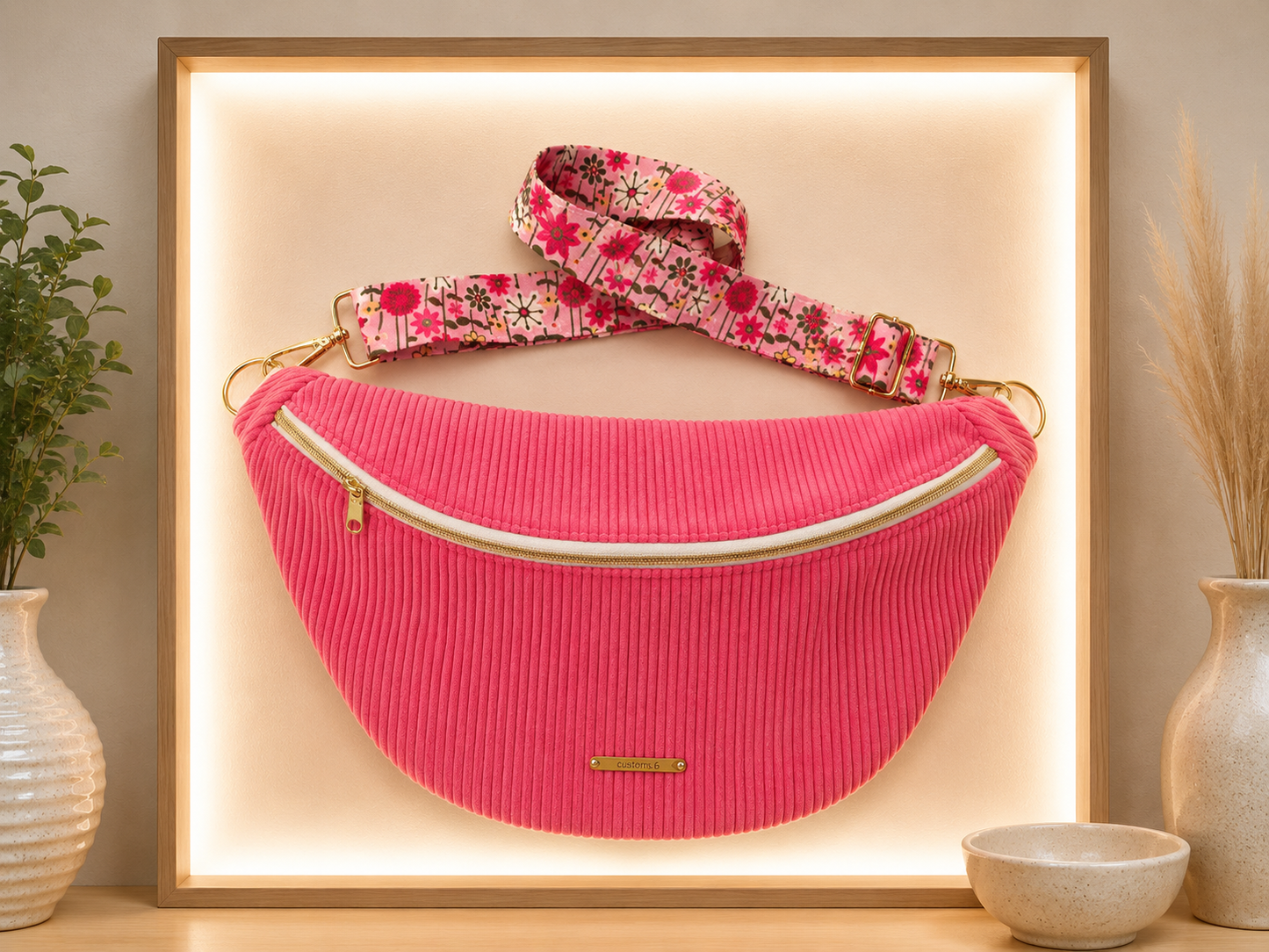 Sac banane velour côtelé rose sangle fleuri