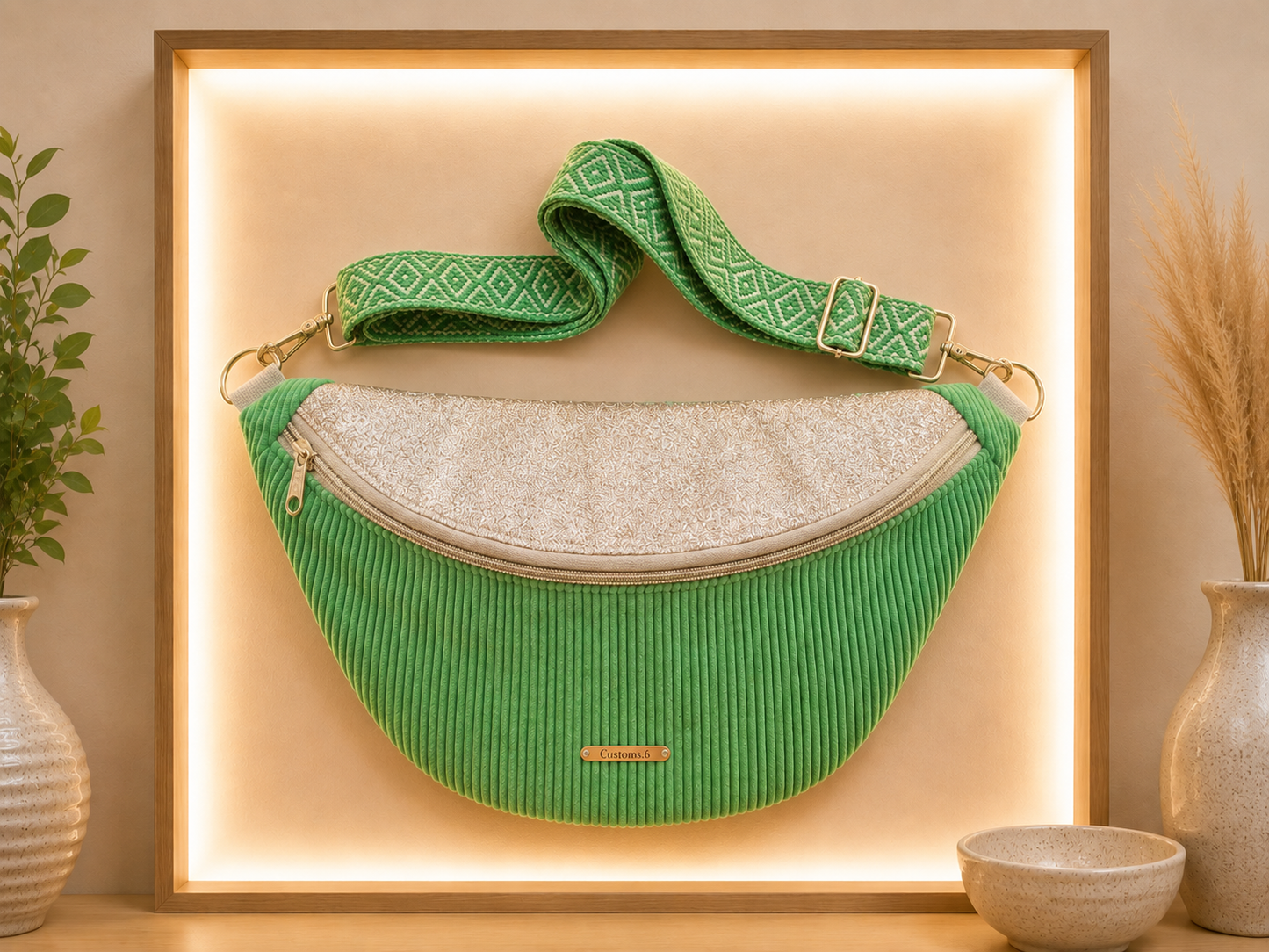 Sac banane velour côtelé vert brésil capot cuir vegan argent